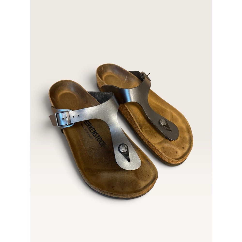 BIRKENSTOCK GIZEH SILVER METALLIC BIRKO FLOR THONG SANDALS SIZE 40 L9 M7 GERMANY